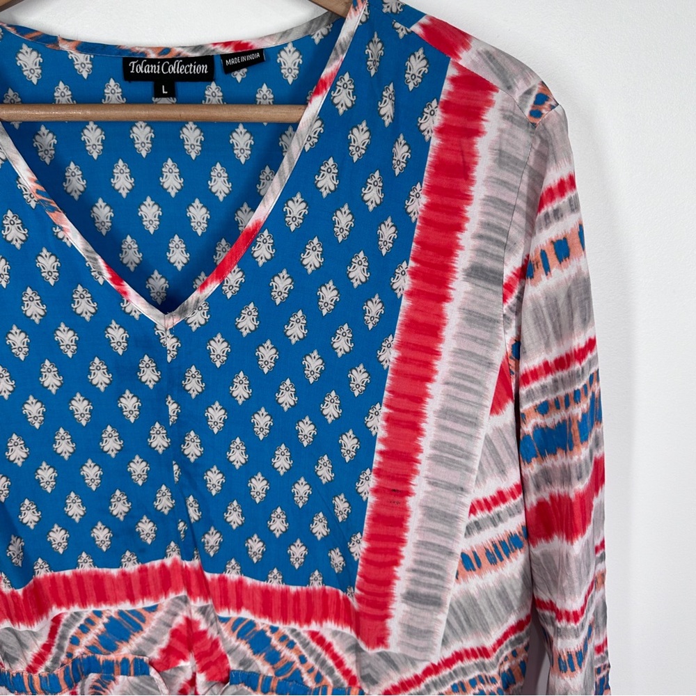Tolani Tie Dye Top Large Tie Waist Red White Blue - Picture 4 of 8